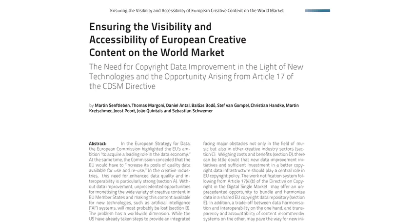 Ensuring the Visibility and Accessibility of European Creative Content on the World Market: The Need for Copyright Data Improvement in the Light of New Technologies